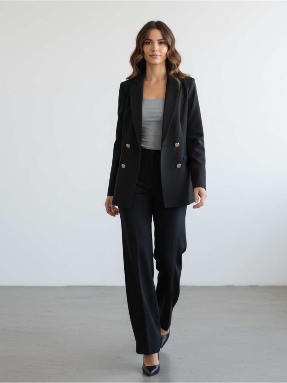1336 • Black Wide Leg Open Front Blazer Two Piece Suit Set